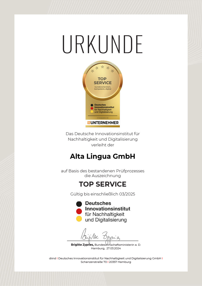 Alta Lingua GmbH | TOP SERVICE Urkunde