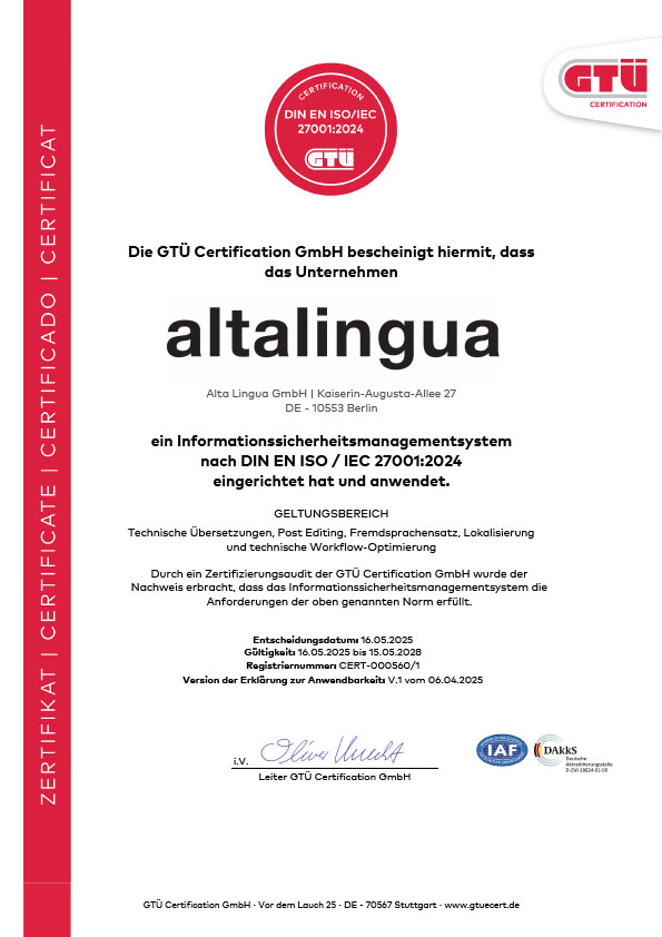 Altalingua ist zertifiziert nach DIN EN ISO IEC 27001:2024